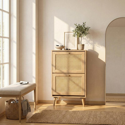 Manila Oak Rattan 2 Door Flip Down Shoe Storage Cabinet Rack Hallway ...