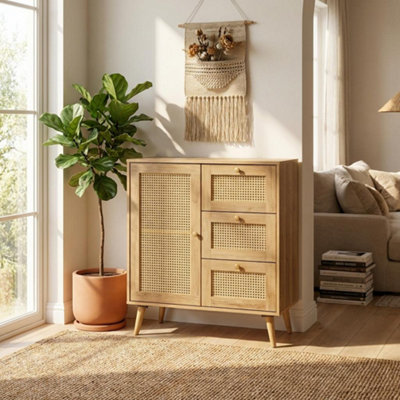 Manila Oak Rattan Compact 1 Door 3 Drawer Sideboard Living Dining Room ...