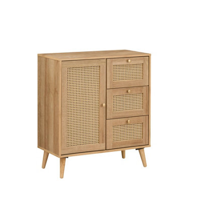 Manila Oak Rattan Compact 1 Door 3 Drawer Sideboard Living Dining Room ...