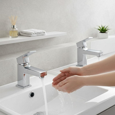 Manta Chrome Basin Tap Pair - Modern Lever Handle Design - Solid Brass Bathroom Pillar Taps