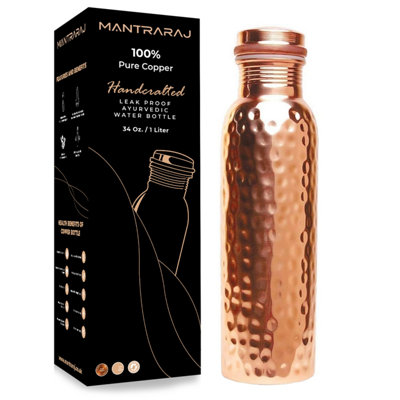 MantraRaj 100% Pure Copper Water Bottle 1 Liter 34 Oz Leak Proof Perfect Ayurvedic Copper Vessel for Sports, Fitness, Yoga(Hammer)