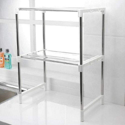 MantraRaj 2 Tier Microwave Oven Rack Stand Shelf Stainless Steel Shelves Rack for Storage Kitchen Organizer Expandable with 6 Hook
