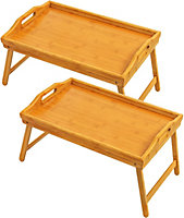 MantraRaj 2Pk Bed Tray Table Bamboo Breakfast Trays Bed Serving Table with Folding Legs and Handles