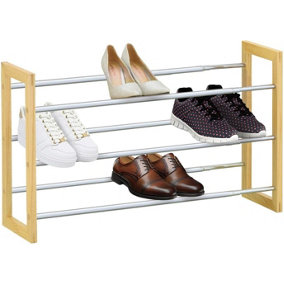 MantraRaj 3 Tier Shoe Rack Extendable Chrome Plated Metal with Pinewood Frame Shoe Storage Cabinet Holds up to 18 Pairs of Shoes