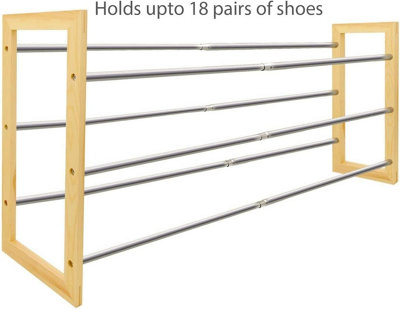 MantraRaj 3 Tier Shoe Rack Extendable Chrome Plated Metal with Pinewood Frame Shoe Storage Cabinet Holds up to 18 Pairs of Shoes