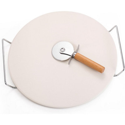 MantraRaj 33cm Round Pizza Stone Set with Pizza Cutter Wire Rack & Handle Multipurpose Grilling Baking Stone Board