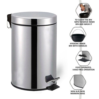 MantraRaj 3L Round Stainless Steel Step Pedal Bin with Metal Lid Waste Rubbish Bin Dustbin With Removable Inner Bucket