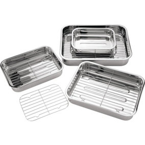 MantraRaj 4Pc Stainless Steel Roasting Tray Set Oven Pan Dish Baking Roaster Tray with Grill Racks Pan