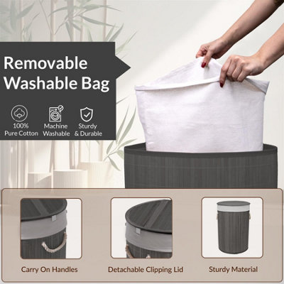 MantraRaj 50L Folding Bamboo Laundry Basket Bin Hamper Basket Clothes Storage Organizer With Lid And Removable Washable Bag (Grey)