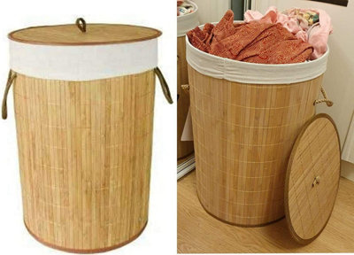 Mantraraj 85L Eco Friendly Round Bamboo Folding Laundry Basket Bin With Lid And Cloth Liner Collapsible Laundry Hamper Bin