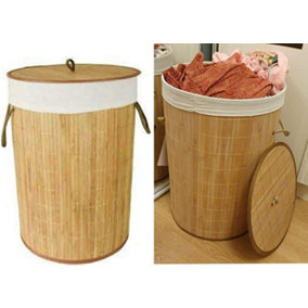Mantraraj 85L Eco Friendly Round Bamboo Folding Laundry Basket Bin With Lid And Cloth Liner Collapsible Laundry Hamper Bin