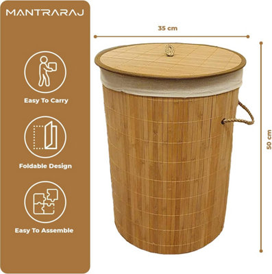 Mantraraj 85L Eco Friendly Round Bamboo Folding Laundry Basket Bin With Lid And Cloth Liner Collapsible Laundry Hamper Bin