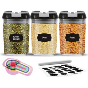 MantraRaj Airtight Food Storage Containers Set PK3 X 0.8L Plastic Storage Jars With 1 Marker, 10 Labels, 6 Measuring Spoons