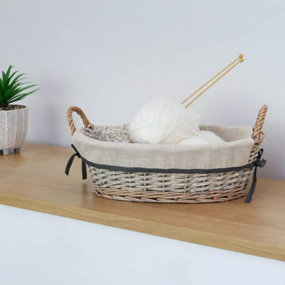 MantraRaj Arianna Oval Shape Willow Storage Basket With Handles Grey Wash with removable lining