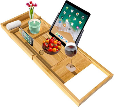 MantraRaj Bamboo Bath Caddy Bath Tray with Extending Sides Built in Book Tablet iPad Holder