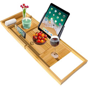 MantraRaj Bamboo Bath Caddy Bath Tray with Extending Sides Built in Book Tablet iPad Holder