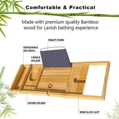 MantraRaj Bamboo Bath Caddy Bath Tray with Extending Sides Built in Book Tablet iPad Holder