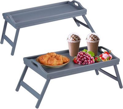 Mantraraj Bamboo Bed Tray Table Pack Of 2 With Foldable Legs And Handles Breakfast Tray (Grey)