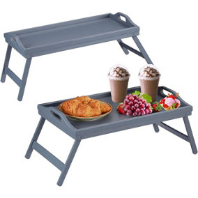 Mantraraj Bamboo Bed Tray Table Pack Of 2 With Foldable Legs And Handles Breakfast Tray (Grey)