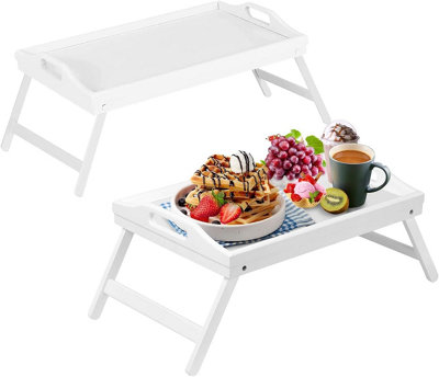 Mantraraj Bamboo Bed Tray Table Pack Of 2 With Foldable Legs And Handles Breakfast Tray (White)