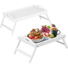 Mantraraj Bamboo Bed Tray Table Pack Of 2 With Foldable Legs And Handles Breakfast Tray (White)