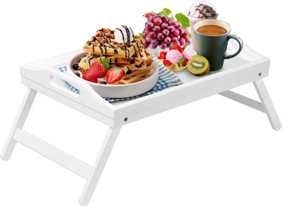 Mantraraj Bamboo Bed Tray Table with Foldable Legs And Handles Breakfast Tray Multipurpose Use (White)