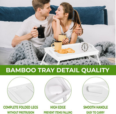 Mantraraj Bamboo Bed Tray Table with Foldable Legs And Handles Breakfast Tray Multipurpose Use (White)