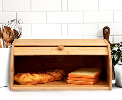 MantraRaj Bamboo Bread Bin Storage Counter Top Roll Top Bread Box