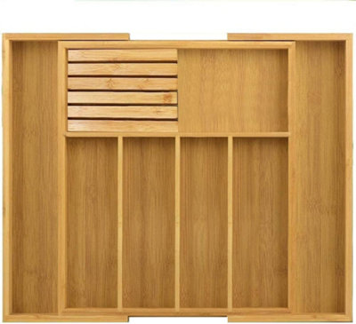 Modern kitchen, Open drawers, Set of cutlery trays in kitchen drawer. Solid  oak wood cutlery drawer inserts. Stock Photo