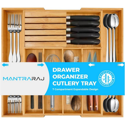 MantraRaj Bamboo Cutlery Tray Organiser  for Drawer 7 Compartment Organiser Extendable Wooden Utensils Holder