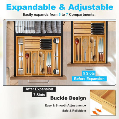Bamboo Utensil Organizer For Kitchen Drawers - 5 Slot Cutlery Tray & Silverware Holder