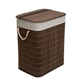 MantraRaj Bamboo Foldable Laundry Basket With Lid 65L Square Hamper Basket with Removable Liner Divided Organizer (Dark Brown)