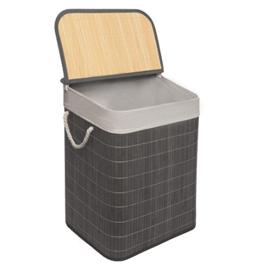MantraRaj Bamboo Foldable Laundry Basket With Lid 65L Square Hamper Basket with Removable Liner Divided Storage Organizer(Grey)