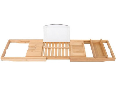 MantraRaj Expandable Natural Bamboo Bath Caddy Bridge Premium Bathtub Organiser Book Rest Wine Glass Holder Mobile Tablet Support