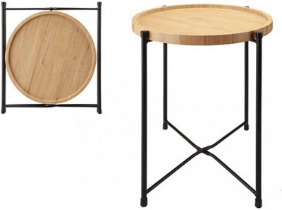 MantraRaj Large Bamboo Side Table And Tray Round End Table Foldable Modern Natural Bedside Table Small Coffee Table