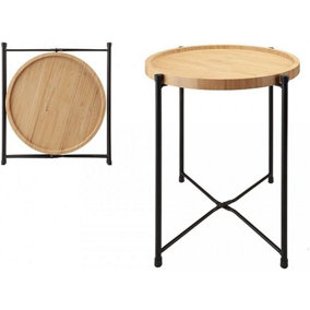 MantraRaj Large Bamboo Side Table And Tray Round End Table Foldable Modern Natural Bedside Table Small Coffee Table