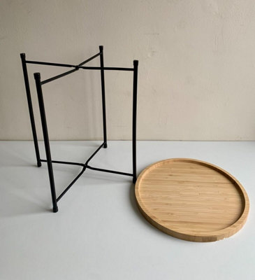 MantraRaj Large Bamboo Side Table And Tray Round End Table Foldable Modern Natural Bedside Table Small Coffee Table