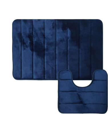 MantraRaj Memory Foam Soft Bath Mat Sleek Stripe Set 2 Piece Bathroom Contour Rug Non Slip Washable Bath Shower Mat (Blue) Price Comparisons | Compare The Build