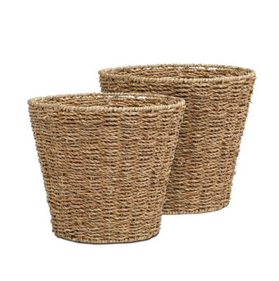 MantraRaj Pack of 2 Seagrass Waste Paper Basket Bin Round Open Versatile Wastebasket for Garbage and Rubbish