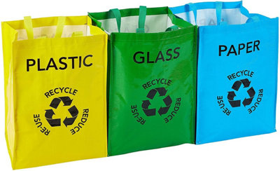 MantraRaj Recycling Bags PACK 3 Heavy Duty Colour Coded Reusable Paper Plastic Glass Waste Bin Sack