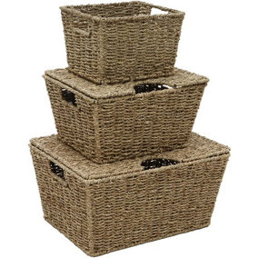 MantraRaj Seagrass Set of 3 Rectangular Lidded Storage Basket Small Boxes Multipurpose Seagrass Storage Basket With Insert Handles
