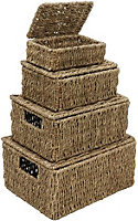 MantraRaj Seagrass Set of 4 Rectangular Lidded Storage Baskets Hand Woven Stackable Multipurpose Kitchen Bathroom
