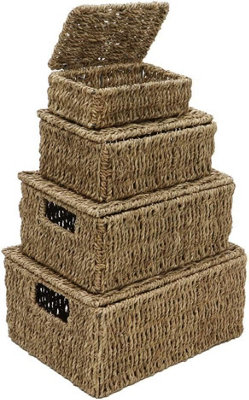 MantraRaj Seagrass Set of 4 Rectangular Lidded Storage Baskets Hand Woven Stackable Multipurpose Kitchen Bathroom