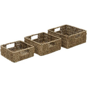 MantraRaj Seagrass Square Hamper Shelf Storage Baskets With Inset Handles Natural Set of 3
