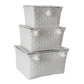 MantraRaj Woven Lidded Storage Baskets White Pack of 3 Storage Organiser Hamper Baskets For Shelves Woven Wicker