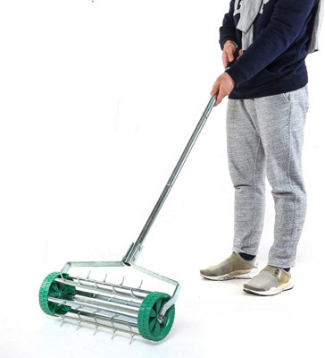 Manual Handheld Rotary Lawn Aerator 18" Spike Roller Dethatching Tool with 3 Piece Handle, Smooth Wheels for Garden & Backyard
