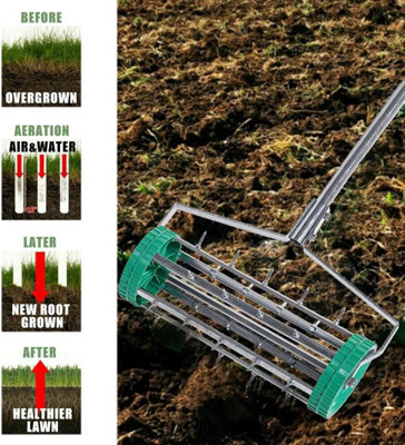 Manual Handheld Rotary Lawn Aerator 18" Spike Roller Dethatching Tool with 3 Piece Handle, Smooth Wheels for Garden & Backyard