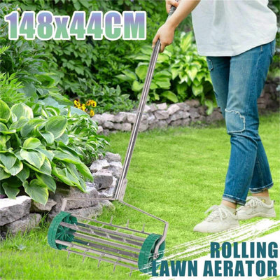 Manual Handheld Rotary Lawn Aerator 18" Spike Roller Dethatching Tool with 3 Piece Handle, Smooth Wheels for Garden & Backyard