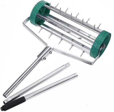Manual Handheld Rotary Lawn Aerator 18" Spike Roller Dethatching Tool with 3 Piece Handle, Smooth Wheels for Garden & Backyard
