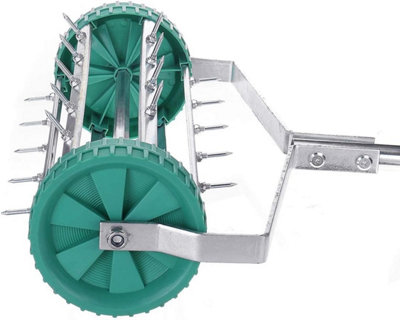 Manual Handheld Rotary Lawn Aerator 18" Spike Roller Dethatching Tool with 3 Piece Handle, Smooth Wheels for Garden & Backyard